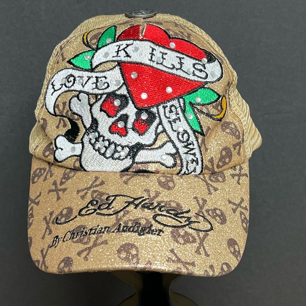 Ed Hardy Snapback Denim Hat Love Kills Slowly Skull & Heart Metallic Gold RARE
